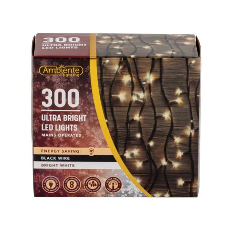 300 Ultra Bright LED String Lights Mains Operated & Black Wire Bright White