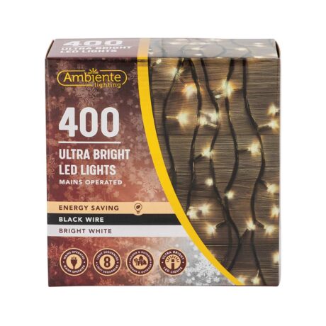 400 Ultra Bright LED String Lights Mains Operated & Black Wire Bright White