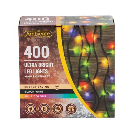 400 Ultra Bright LED String Lights Mains Operated & Black Wire Multicolour
