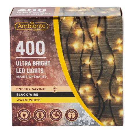 400 Ultra Bright LED String Lights Mains Operated & Black Wire Warm White