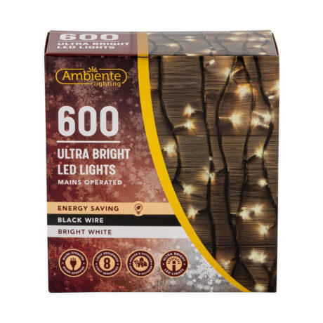 600 Ultra Bright LED String Lights Mains Operated & Black Wire Bright White