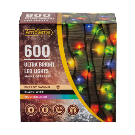 600 Ultra Bright LED String Lights Mains Operated & Black Wire Multicolour