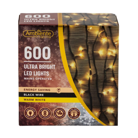 600 Ultra Bright LED String Lights Mains Operated & Black Wire Warm White