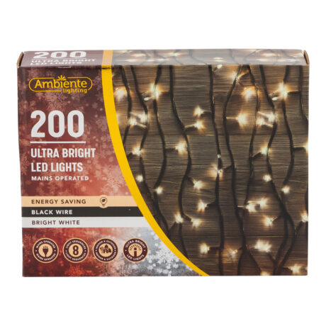 200 Ultra Bright LED String Lights Mains Operated & Black Wire Bright White