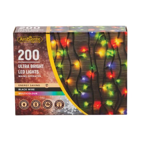 200 Ultra Bright LED String Lights Mains Operated & Black Wire Multicolour