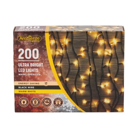 200 Ultra Bright LED String Lights Mains Operated & Black Wire Warm White