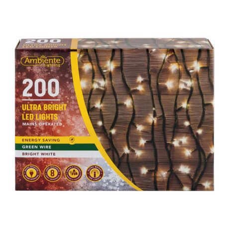 200 Ultra Bright LED String Lights Mains Operated & Green Wire Bright White