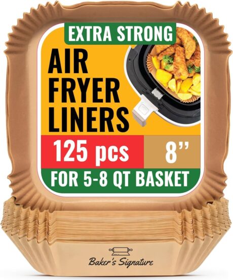 Air Fryer Paper Liners, 125Pcs Air Fryer Disposable Liners, Non-Stick and Oil Proof for Easy Cleanup, 8” Square for 5-8 qt Basket by Baker's Signature