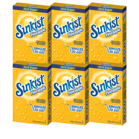 Sunkist Singles-To-Go Drink Mix, Pineapple, Non-Carbonated, Low-Calorie, Zero Sugar, 6 CT in each box (Pack of 6)